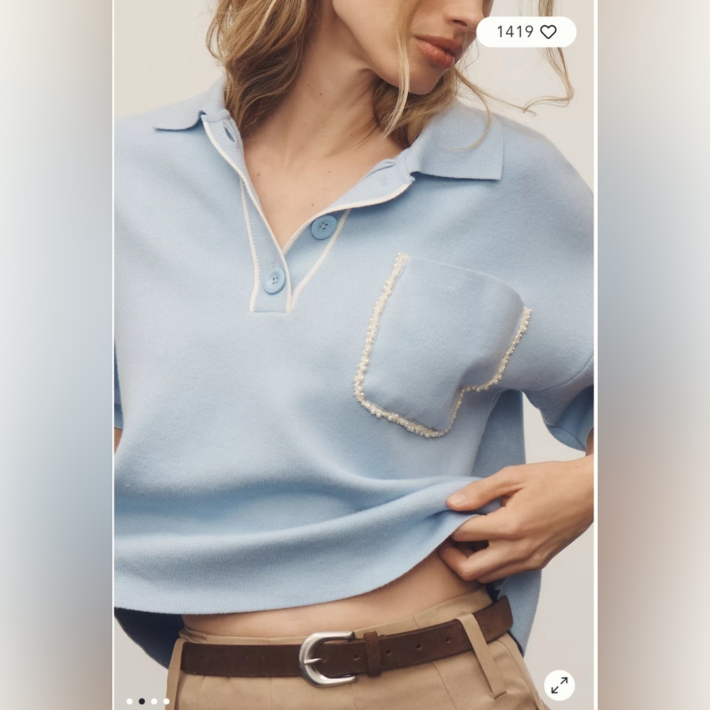 Maeve Light Blue Short-Sleeve Knit Polo Sweater with Pocket Trim